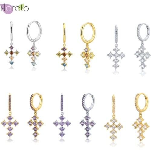 Rainbow/Purple/White Zircon Cross Pendant Hoop Earrings For Women 925 Sterling Silver Ear Buckle Small Fashion Hoop Earrings