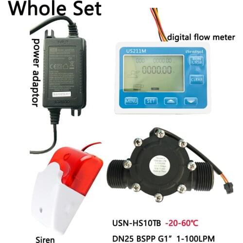 US211MA Water Flow Meter Totalizer Alarmer and PA66 USN-HS10TB Flow Senor Turbine flowmeter G1" BSPP Water Suspend Alarming Sys