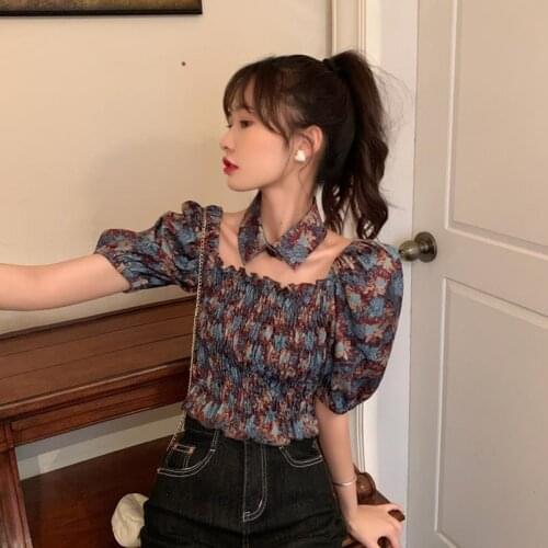 Women Blouse Retro Square Collar Puff Sleeve Summer Short Top Shirt Blusas Ropa De Mujer
