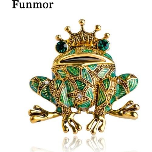 Funmor Enamel Lizard Green Crown Frog Brooches For Women Gold-Color Scarf Clip Pin Dress Bijoux Rhinestone Animal Brooch Pins