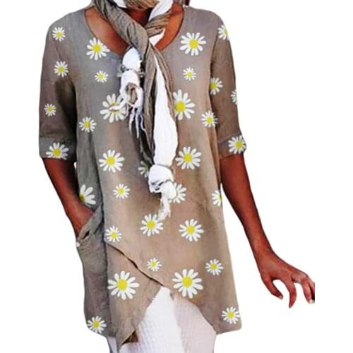 2020 Women O Neck Short Sleeve T-shirt Marguerite Print Irregular Hem Blouse Top