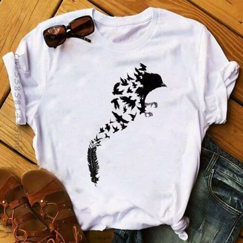 Premium Women Owl Feather Painting Vintage Womens Top T Shirt T-Shirts Aesthetic Clothes Lady Ladies Graphic Female Tee T-Shirt