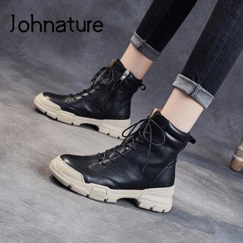 Johnature Genuine Leather Shoes Winter Women Boots Zip Round Toe 2020 New Handmade Concise Warm Platform Boots Plus Size 41-43