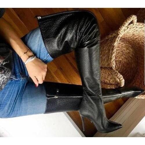 Black Litchi Stria Zipper Front Woman Pointed Toe Stiletto Heels Over The Knee Boots Sexy Thigh Long Boots Lady Big Size