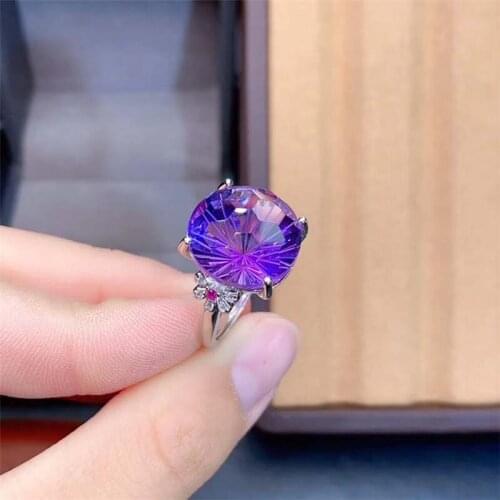 PROCOGEM 15mm Round Cuted Amethyst Ring for women Purple Crystal Rings with Cubic Zirconia Fine Jewelry Gifts S925 silver #863
