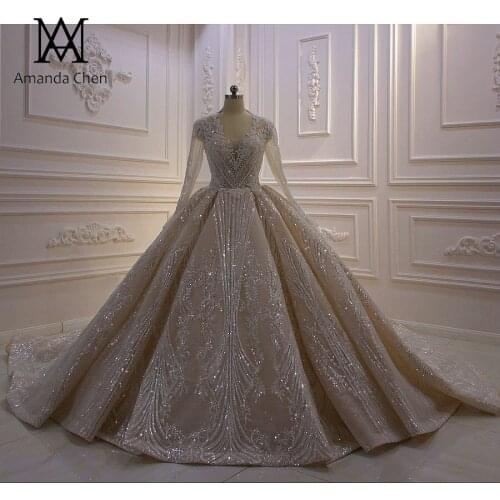 Robe mariage femme Long Sleeve Glitter Material Open Back Wedding Dress