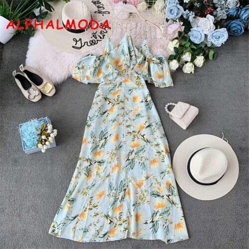 ALPHALMODA Women Holidays Beach Dress Ruffled Off-shoulder Floral Printed Mid-calf Ladies Vocation Printed Chiffon Vestidos