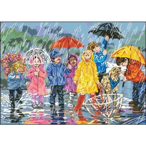 Gold Collection Beautiful Counted Cross Stitch Kit Splish'n and Splash'n Kids Children Play in the Rain Puddle
