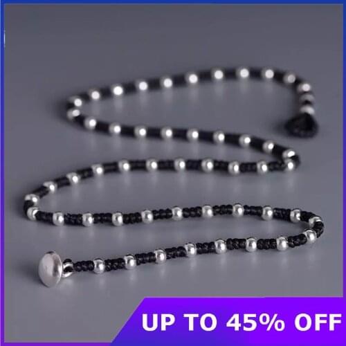 2021 Creative oil wax rope sweater chain female 100% real s925 silver 4mm silver beads hand-woven chain woman necklace Jewelry