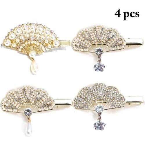 4Pcs/Lot Fashion Pearl Decor Hair Clips Fan Shape Pearl Rhinestone Hairpin For Girls Women Hair Accessories Party Dress Up