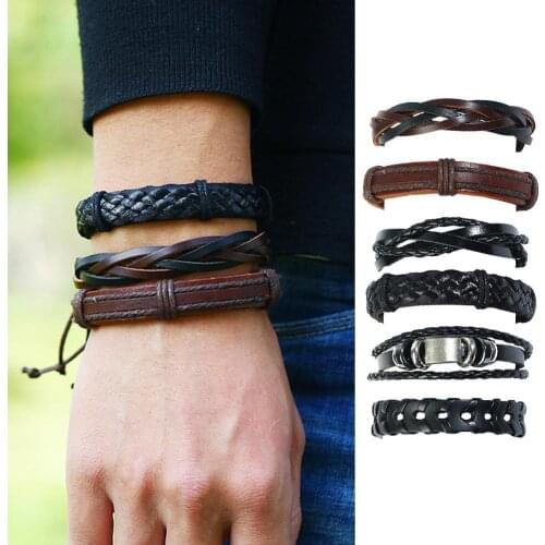 6Pcs Retro Fashion Multilayer Braided Leather Rope Men\s Bracelet Set Hand Strap DIY Mens Leather Bracelet Bangle Jewelry