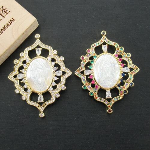 APDGG 39x50mm Virgin Mary White Mop Cameo Shell Gold plated cubic zircon CZ Paved Connector Charms necklace pendant Jewelry DIY
