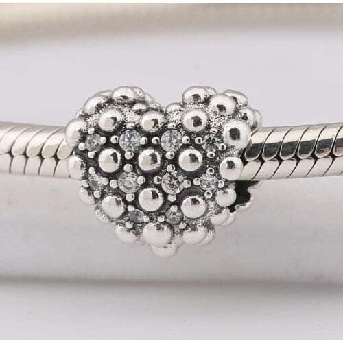 Authentic S925 Bead Beaded Love Heart Charm fit Lady Bracelet Bangle Clear CZ