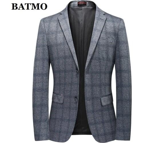 BATMO 2021 new arrival sping high quality plaid casual Grey blazer jackets men,plus-size 6253