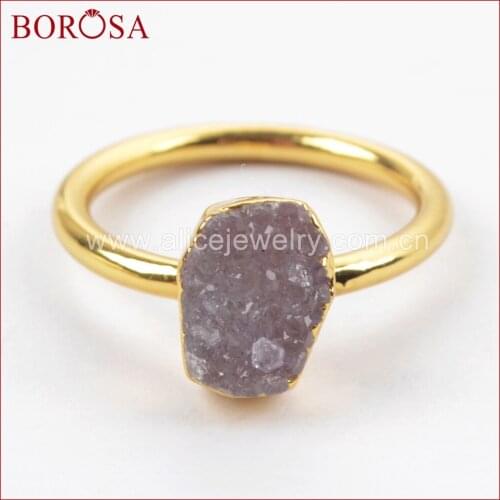 BOROSA Stylish Gold Color Freeform Rainbow Druzy Rings for Women,High Quality Drusy Gems Jewelry Party Rings AS GIFT G1450