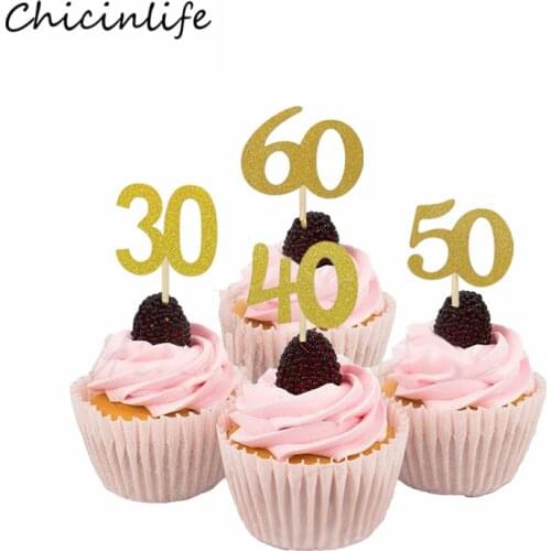 Chicinlife 10pcs 30 40 50 60 Cupcake Topper 30 40 50 60 year old Birthday Party Decoration Wedding Anniversary Cupcake Decor