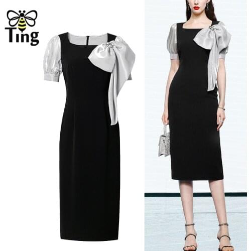 Tingfly Runway Designer Black Midi Long Dresses Bowknot Decor Elegant Vintage Straight Office Style Dress Vestidos Traf Robes