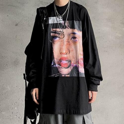 Long-sleeved mid-length T-shirt Korean version autumn winter high street hip-hop portrait printing dark style retro loose women
