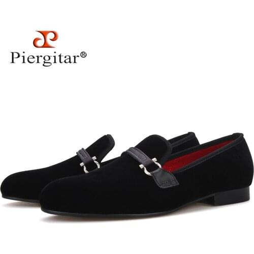 Piergitar classic men velvet shoes with metal horsebit handcraft men smoking slippers fashion party and wedding mens loafers