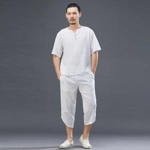 Summer Men Yoga Set Linen Sport Suit Quickly Dry Loose Sweatpant+sweatshirt Jogger Tai Chi Outfit Running Casual Set Sportswear