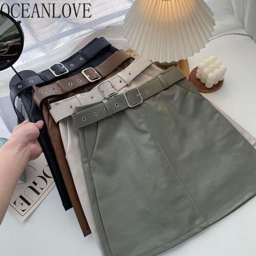 OCEANLOVE PU Skirts Women Solid Autumn Winter Belt A-line Zipper Sexy Mini Skirts High Waist All Match Korean Faldas Mujer