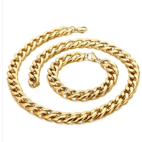 Trendy 13/15MM Stainless Steel Gold Tone NK Cuban Link Chain Gift Mens Womens Necklace Or Bracelet Wholesale Jewelry 7-40inch