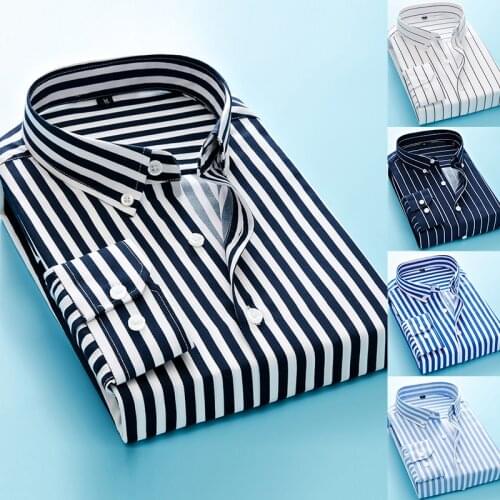 Fashion New 2020 Men Long Sleeve Shirts Male Striped Classic-fit Comfort Soft Cotton Casual Button-Down Shirt