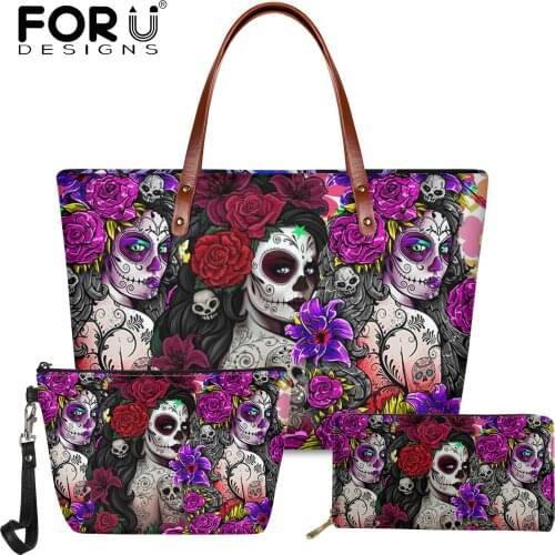 FORUDESIGNS Fashion Teen Girl Handbag Set Floral Skull Day of the Dead Print Leather Tote Bag Large Capacity Travel Shoulder Bag