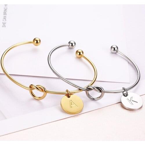 CHIELOYS Trendy Initial Coin Charm Bangle for Women Lover Wife Stainless Steel Letter Cuff Bracelet Couple Jewelry