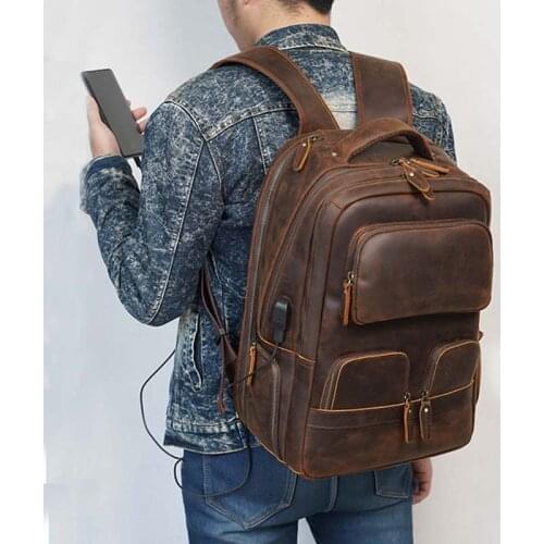 Luufan Genuine Leather Backpack for Men 15.6 Inch Laptop Backpack USB Charging Cowhide Male Travel Rucksack Outdoor Travel Bag