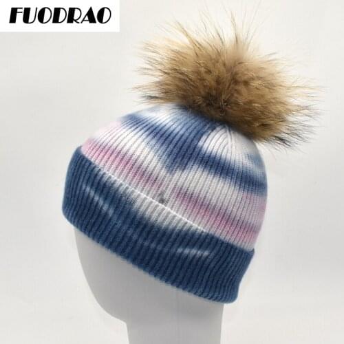FUODRAO New Style Fur Ball Winter Tie-Dye Beanie Hat Women Outdoor Wool Warm Ski Cap Hat Men Soft Stretch Knitted Hat Women Z12