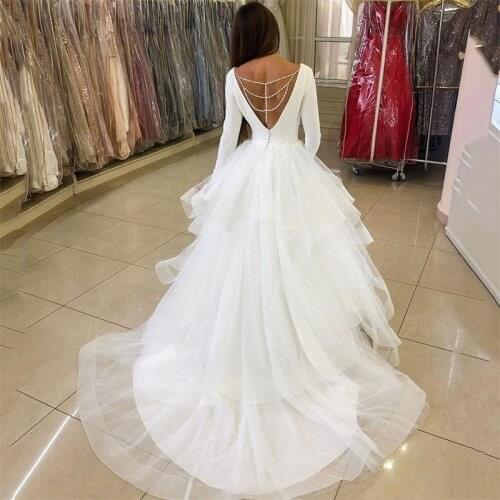 New Tulle Wedding Dresses 2020 Deep V-Neck Long Sleeve Bride Dress Ruffles Beads Bridal Gowns Tiered vestidos de novia Plus Size