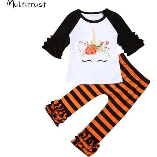 Halloween Baby Girl Clothes 2PCS Toddler Kids Baby Girl Outfits Clothes Cartoon T-shirt Tops Dress+Striped Pants Set