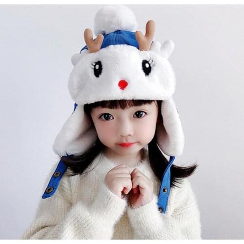 Autumn Winter Cute Kids Girls Antler Pompom Chin Strap Ear Flap Cap Warm Hat Woolen Yarn Childrens Clothing Accessories Gifts