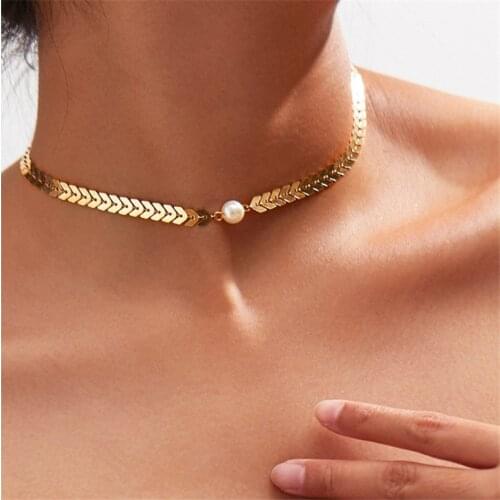 Arrow choker Necklace Women Pearl Necklaces Collares Fishbone Airplane Necklace Flat Chain Chocker On Neck Jewelry
