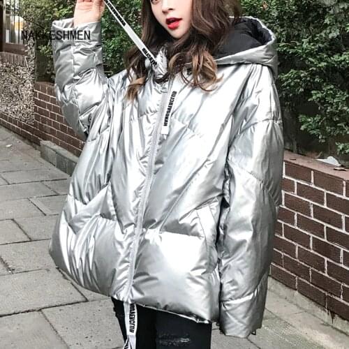 Winter Fashion Glossy Bright Down Parka Womens Hooded Coat Female Zip Jacket Large Size Loose Warm Thick Parka Women Jacket