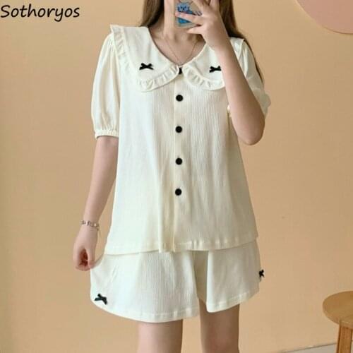 Kawaii Pajama Sets Women Bow Peter Pan Collar Single Breasted Short Sleeve Lounge Wear Female Japanese Style Fashion Cozy Chic