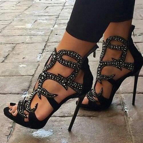 Gold Black Crystal Gladiator Sandals Women Thin Heels Rhinestone Drilled Cut out Open Toe Party High Heels Sandals