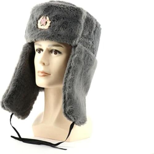 Soviet Army Military Badge Russia Ushanka Warm Hats Fur Faux Winter Warm Hats Outdoor Women Thick Earflap Rabbit Men Caps