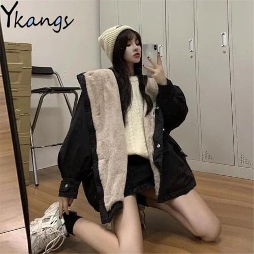 Plus Velvet Thick Winter Hoodie Tunic Faux Rex Rabbit Fur Lined Parkas Korean Harajuku Oversized Quilted Jackets Streetwear Coat