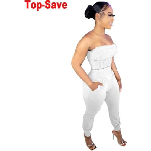 Streetwear Pencil Pants Two Piece Set Women Solid Color Strapless Sexy Night Club Party Tube Top Casual Backless Matching Outfit