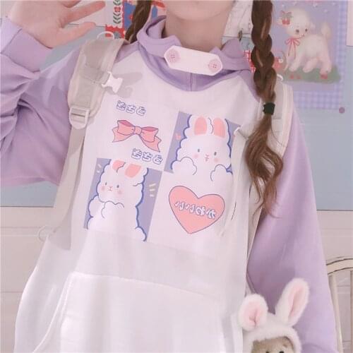 Japanese Sweet Cartoon Rabbit Print JK Hoodies Women Harajuku Kawaii Purple Loose Hooded Outwear Preppy Style Girls Cute Tops