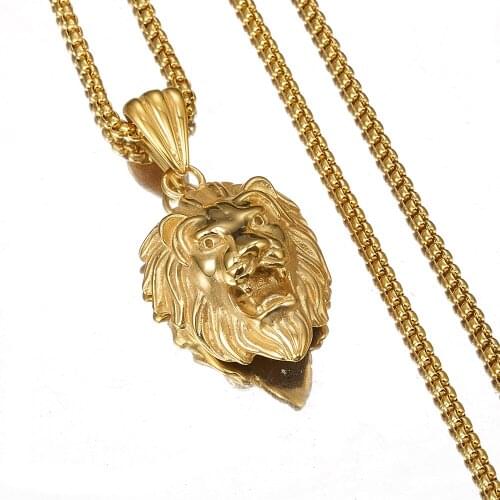 High Quality Punk Jewelry 316L Stainless Steel Gold Biker Lion Head Free Box Link Chain Mens Man Pendant Necklace 1.77"*1.10"