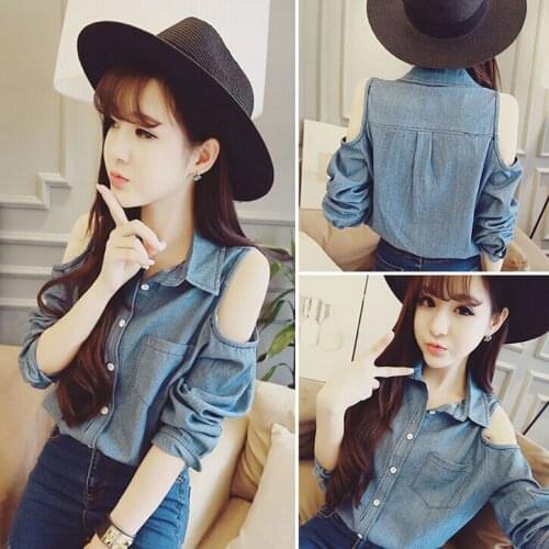 New design womens retro sexy turn down collar off shoulder long sleeve denim jeans blouse shirt single breasted tops