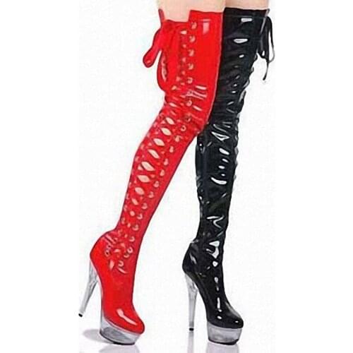 Black Red White Pink Shiny Lace-Up Women Thigh High Boots Stripper Dancing Shoes Thin Heel Crystal Platform Long Boots