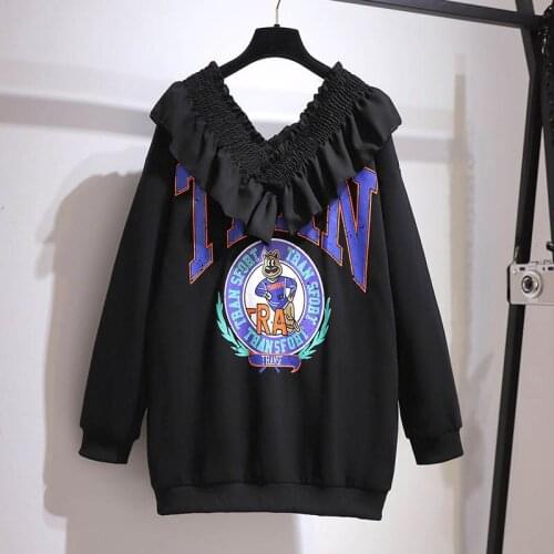 150Kg Plus size womens spring autumn loose printed V-neck sweatshirt bust 156cm 6XL 7XL 8XL 9XL 10XL ruffled temperament top