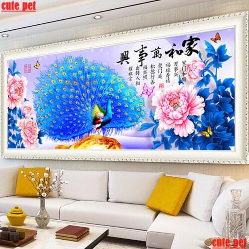 Large 5D diamond embroidery Chinese style blue peacock and peony Diy full sets artwork Cross Stitch mosaic rhinestones Decor