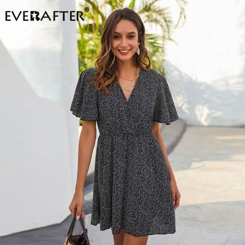 EVERAFTER 2020 Spring summer boho floral print dress women high waist sexy v-neck short sleeve ruffle casual mini beach sundress