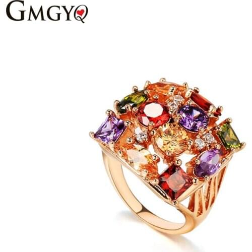 GMGYQ Mona Lisa Ring Rose Gold Kleur voor Vrouwelijke Bruiloft Met AAA Kleurrijke Cubic Zirkoon Bijouterie Graduation Gift