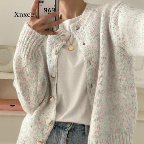 Autumn/winter Womens Elegant Cardigan Womens Full Sleeve Sweater Office Color Womens O-Neck Loose Ins Clothes Jacket